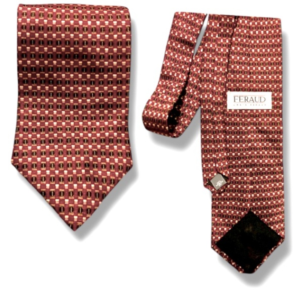 LOUIS FERAUD 100% SILK Geometric Imported TIE Necktie Red Tan Black Neck-ware